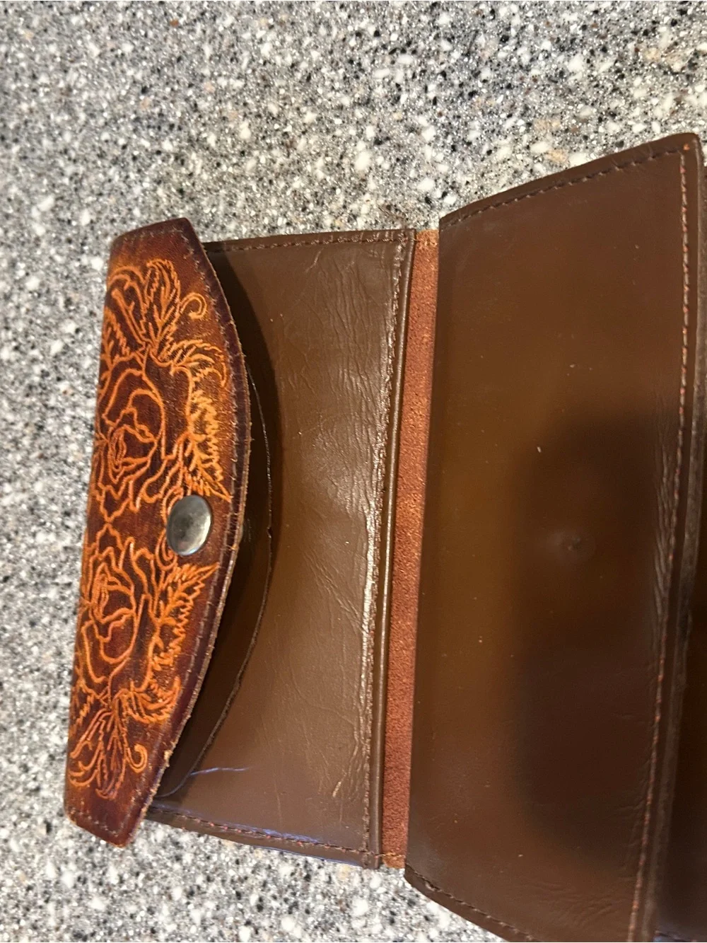 Handcrafted Tooled Leather Clutch Wallet - Brown Floral Design